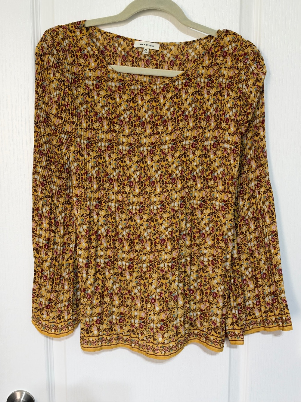 Max Studio Mustard Floral Long-Sleeve Peasant Blouse